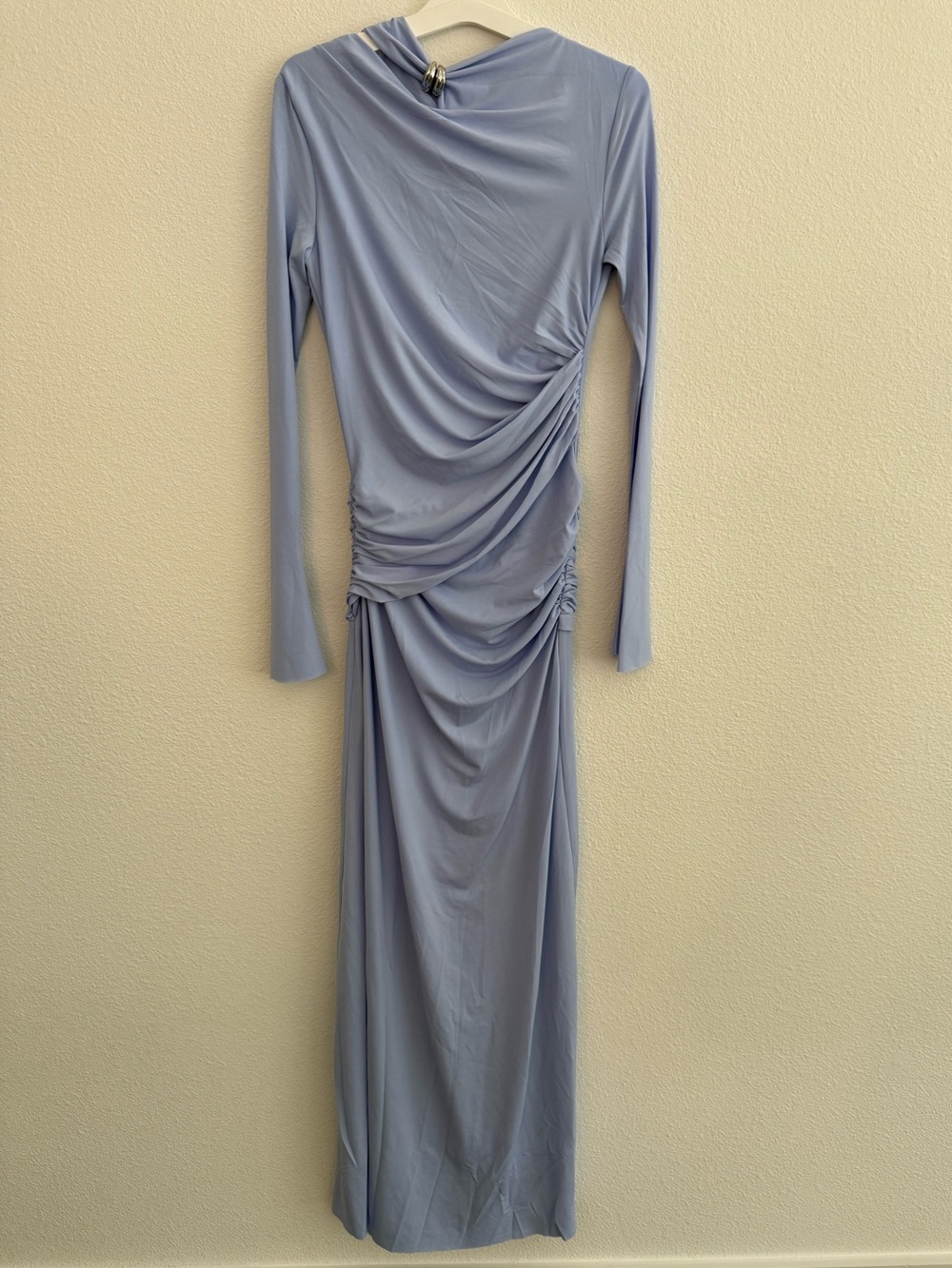 Elegant Light Blue Long-Sleeve Ruched Maxi Dress